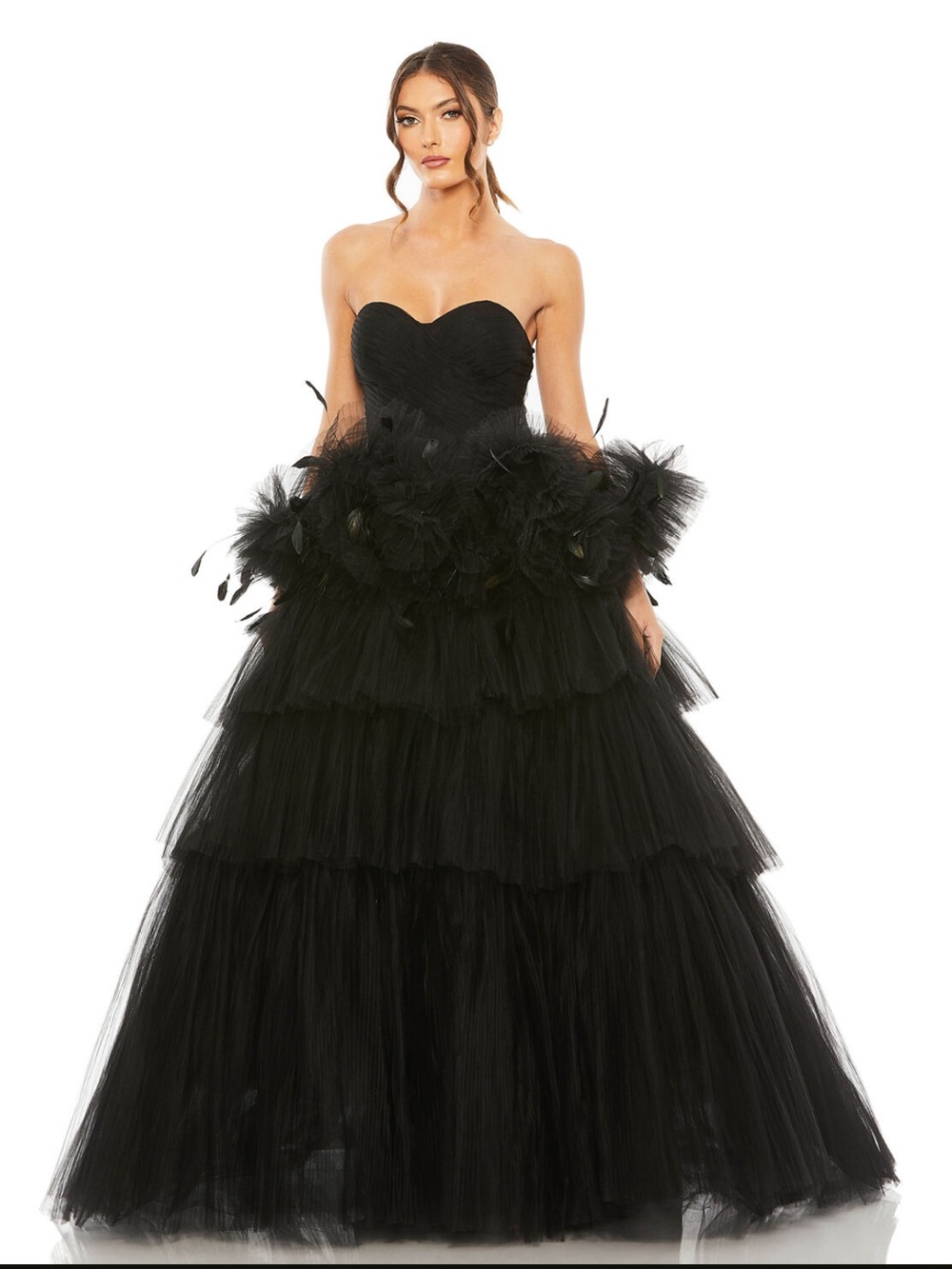 MAC DUGGAL Strapless Tulle Gown with Feather Detail DRESS MAXI Gown Black 20572